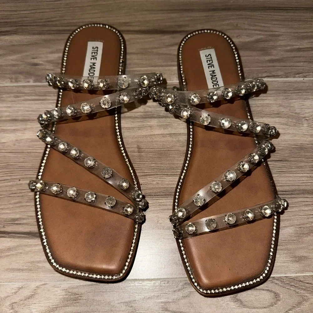 Steve Madden Tan Footbed Sandals with Clear Crystal-Strap Embellishments - Picture 1 of 4